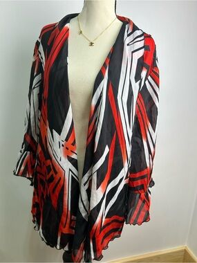 Open-Front Geometric Print Cardigan in Black, Red & White